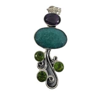 Handmade Silver Pendant with Aventurine, Amethyst, Peridot and 20" Silver Chain